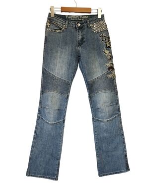 Rare Platinum Plush LA Moto Jeans Rhinestone Sequin Cross Biker 5/27